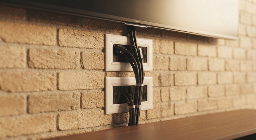 Close-up of in-wall cable management plates with HDMI and power cables neatly routed into the wall