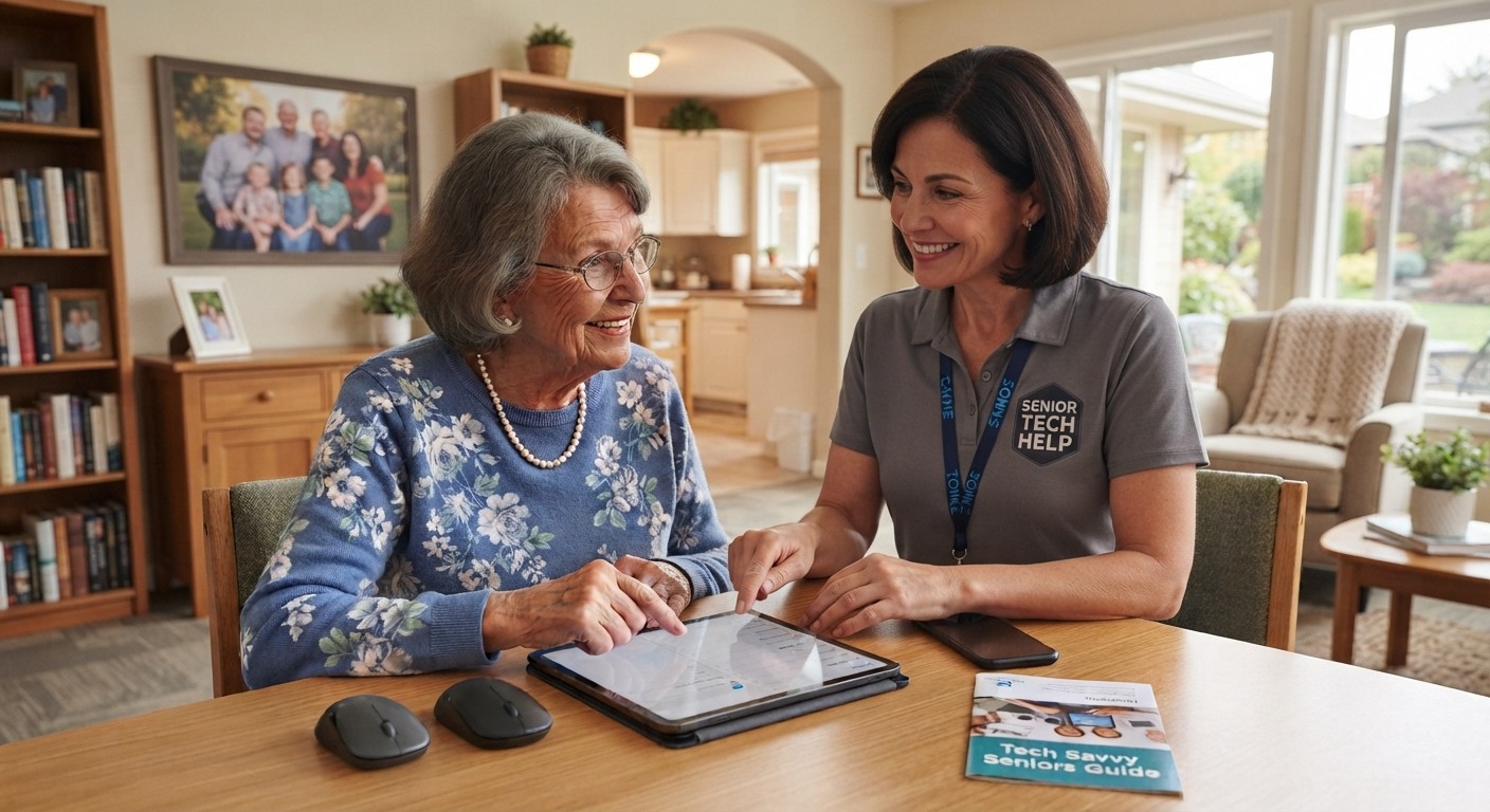 A patient technician helping a senior use a tablet at her kitchen table
