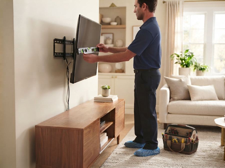 A technician leveling a newly mounted TV in a bright living room