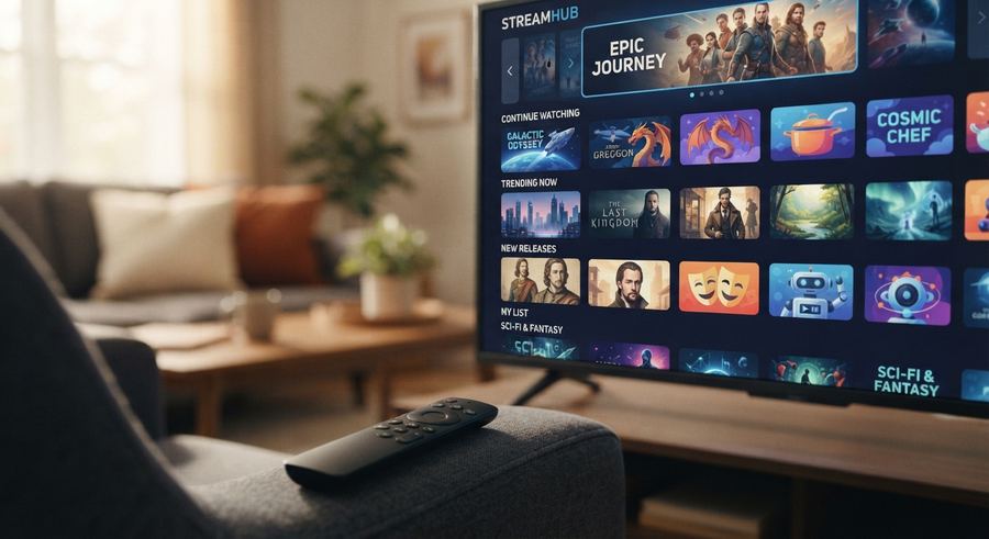 A smart TV showing a streaming app home screen with a remote resting nearby