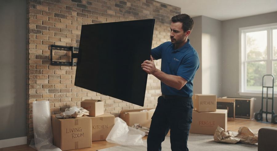 A technician carrying a TV through a room with moving boxes during a TV unmounting and remounting job
