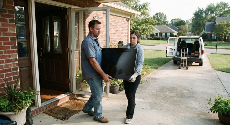 Technicians carrying an old TV out of a home toward a service van for recycling